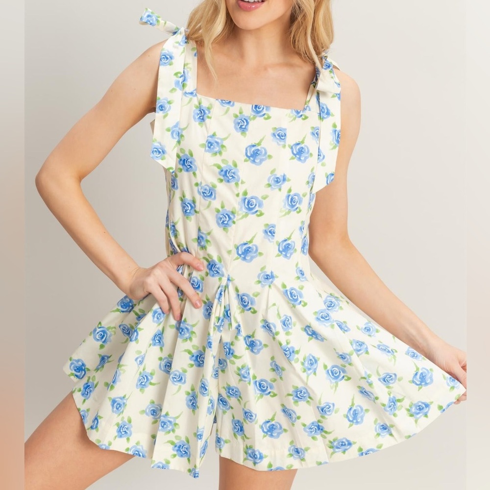 White Romper with Blue Floral Print and Tie Shoulders Feminine Girly
